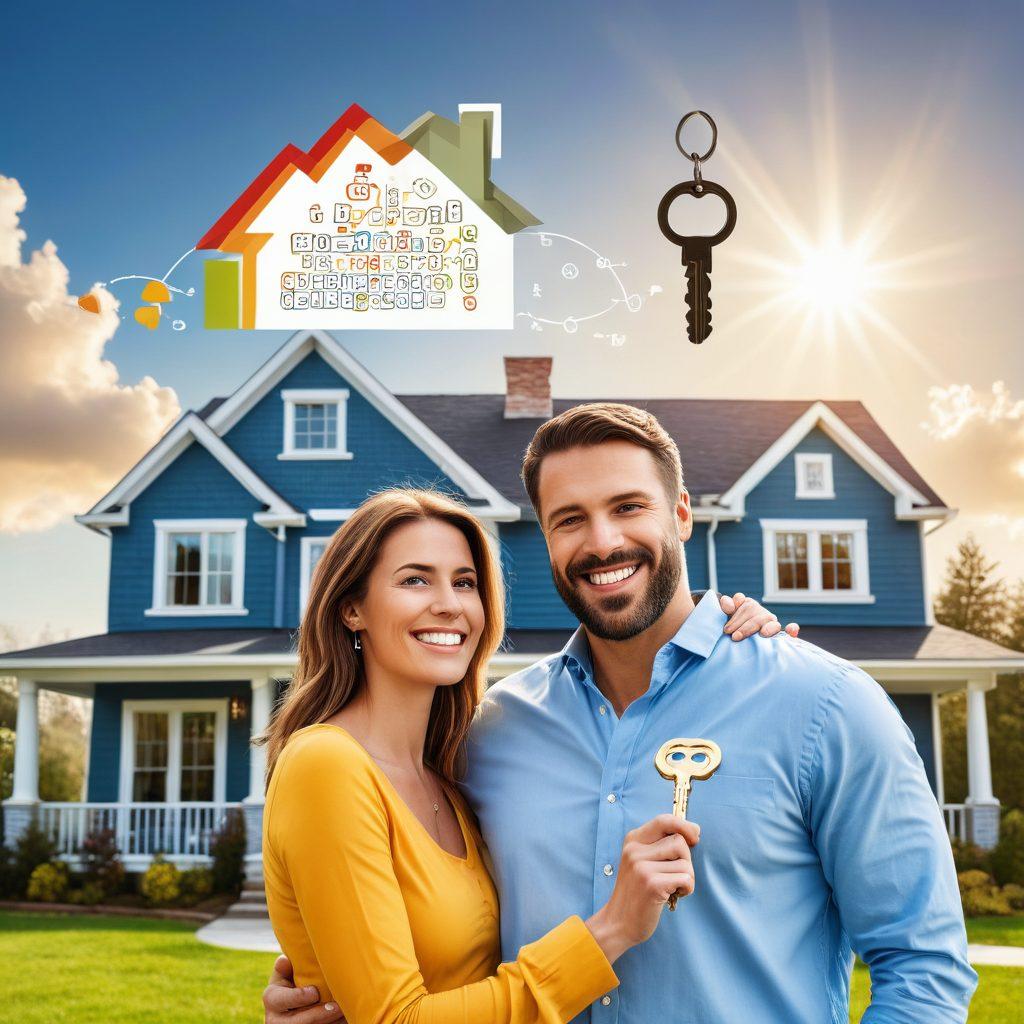 A hopeful couple standing in front of a charming house with a large key labeled 'Dream Home' held high in the air, surrounded by calculations and financial charts floating around them, symbolizing mortgage estimators and affordability insights. The sky is bright and sunny, representing optimism and opportunity. The foreground includes house plans and a calculator to emphasize financial planning. vibrant colors. super-realistic.