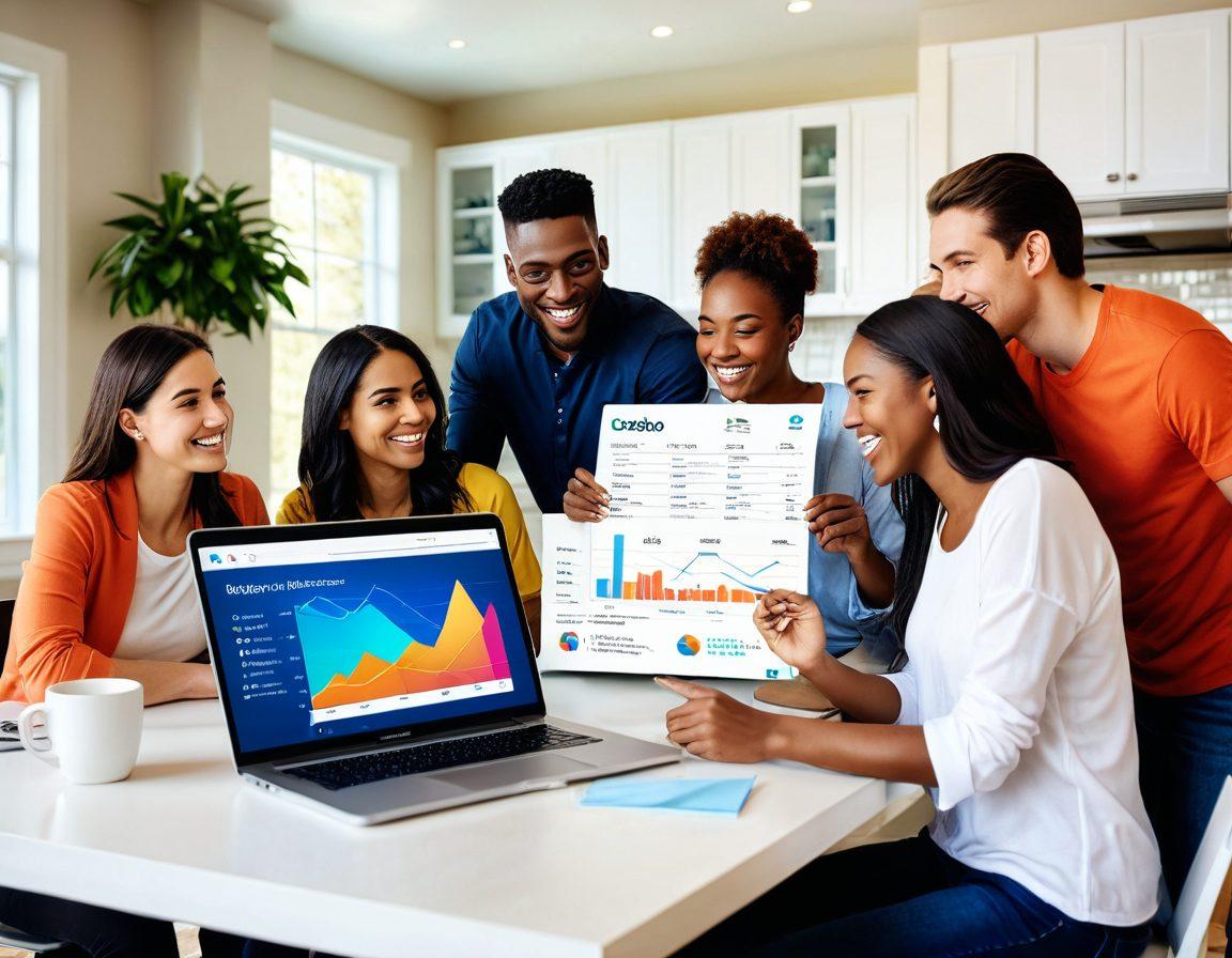A diverse group of excited homebuyers sitting around a digital table, analyzing a mortgage estimator tool on a laptop, with a flow of vibrant graphs and key metrics floating around them. The background features a cozy home waiting to be purchased, symbolizing dreams coming to life. Bright colors and warm lighting create an inviting atmosphere. super-realistic. vibrant colors. 3D.