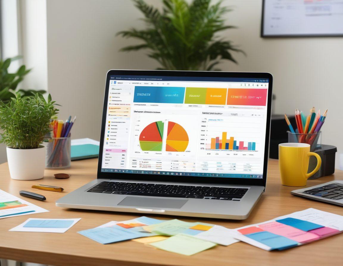 An open laptop displaying a financial planning software interface with graphs and loan options. Surround it with colorful sticky notes listing different loan types and interest rates, alongside a calculator and stacks of coins to represent budgeting. Give the scene a warm, inviting office environment with soft lighting. modern infographic style. vibrant colors. 3D.